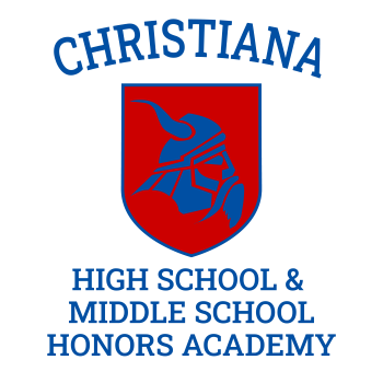 Christiana High School & Middle School Honors Academy with red shield and blue viking in the middle of logo.